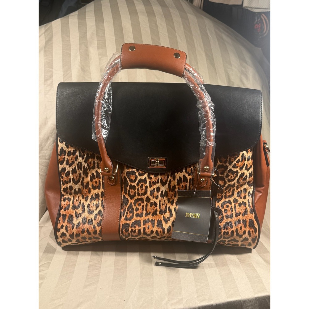 Badgley Mischka Weekender Travel Bag Leopard Print Black Brown Duffel NWT